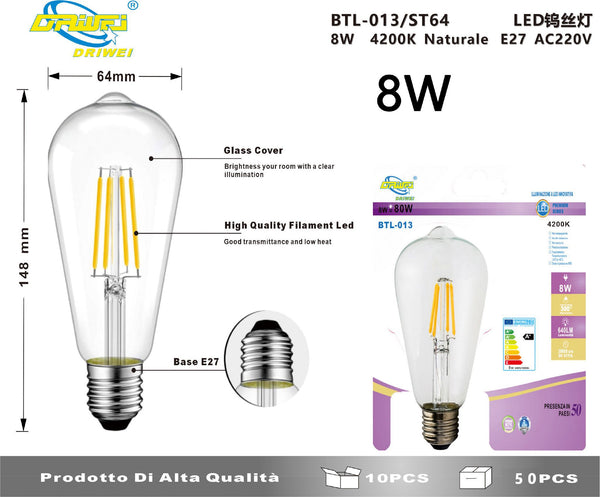 Lampadina decorativa a filamento — BTL-013, 8 W, 4000 K