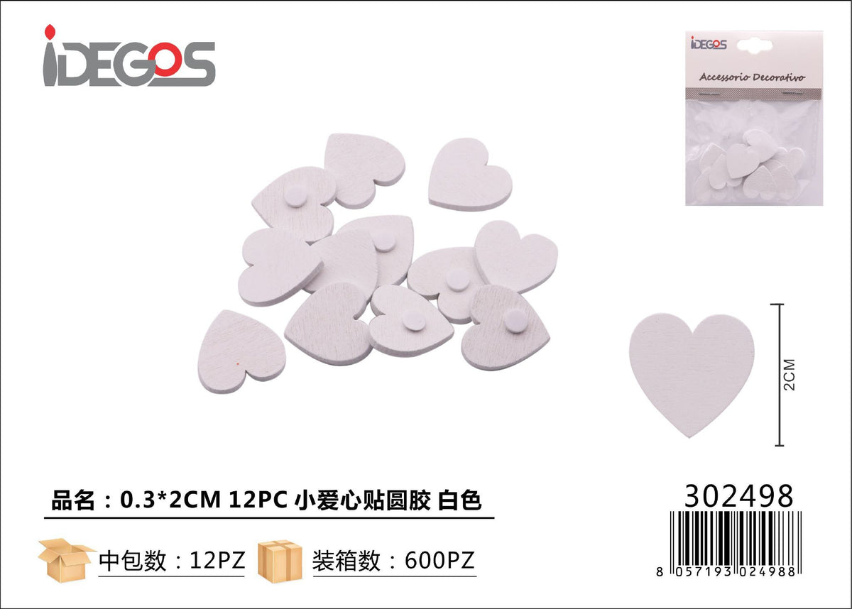 Set di 12 cuoricini adesivi in legno, 0,3 x 2 cm