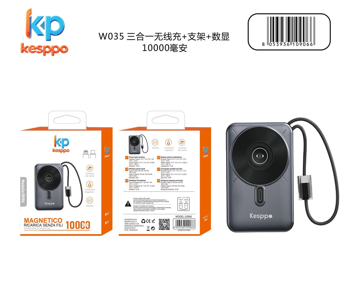 Power bank W035 10000 mAh wireless con cavo USB-C e Lightning