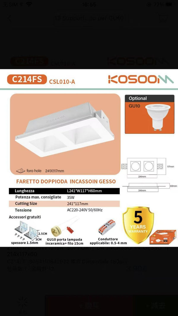 Portafaretto doppio KOSOOM GU10 in gesso bianco