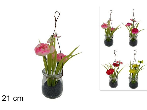 Composizione floreale artificiale in vaso di vetro, 21 cm