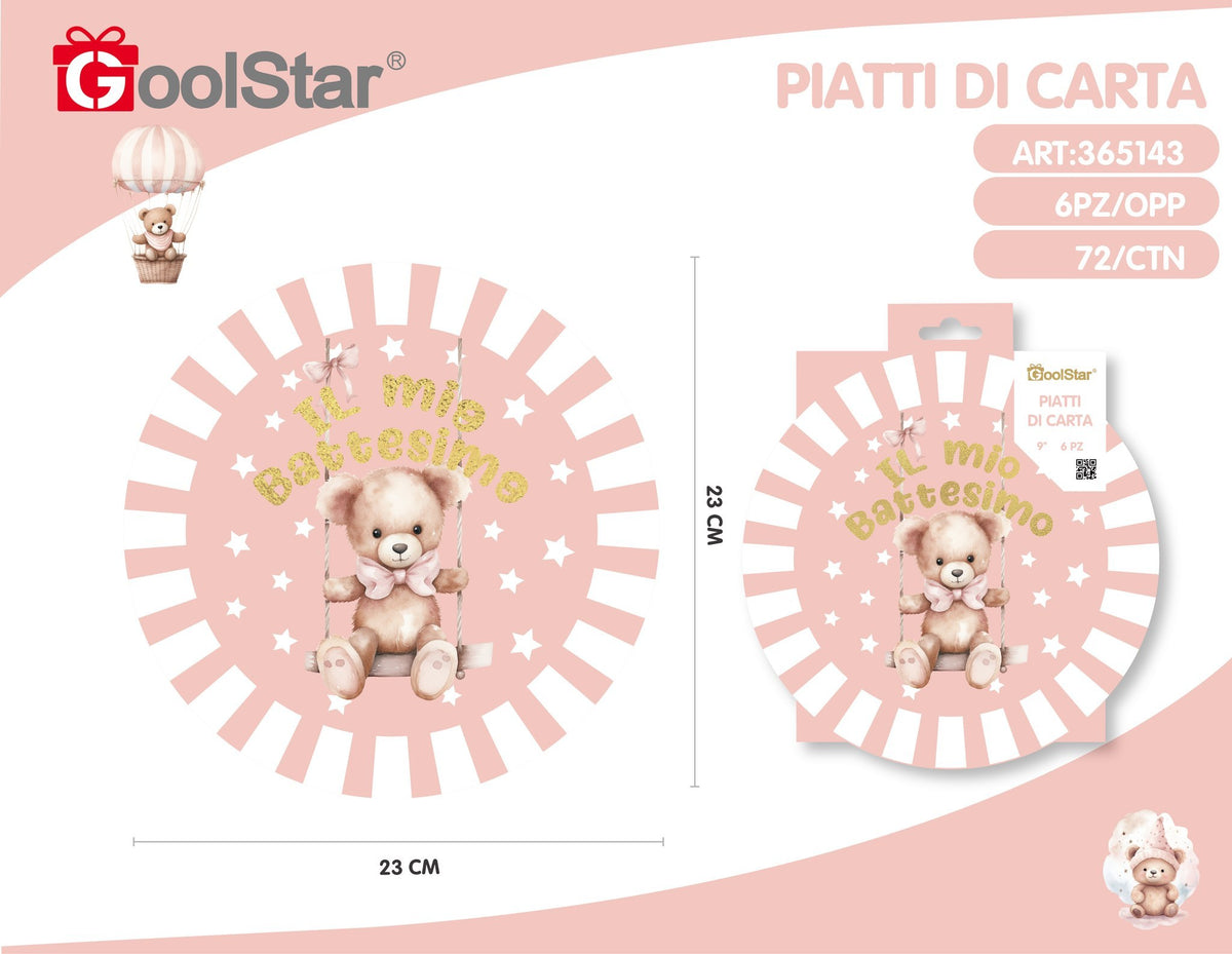 Piatto di carta rotondo , battesimo con orsetto rosa