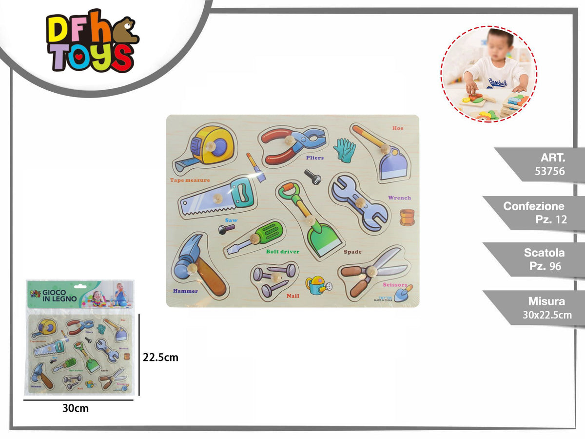 Puzzle in legno con attrezzi e pomelli