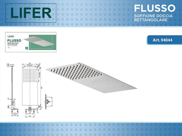 Soffione doccia rettangolare FLUSSO 500 × 200 mm a pioggia