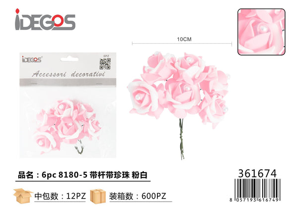 Rose decorative con stelo e perline, modello 8180-5, 6 pezzi