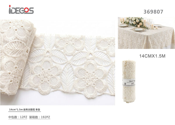 Rotolo decorativo in tessuto a fiori, bianco naturale, 14 cm x 1,5 m