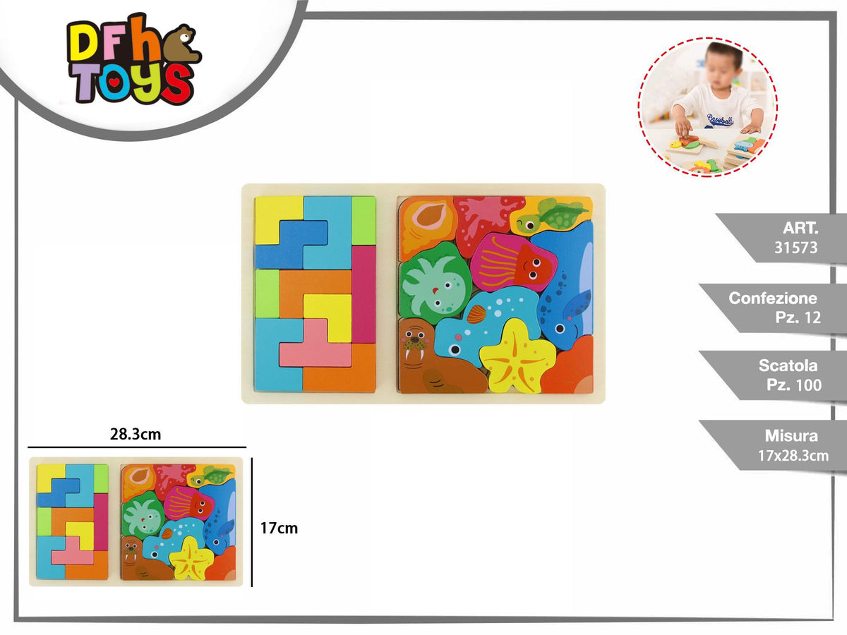 Puzzle in legno 2 in 1 oceano e forme geometriche