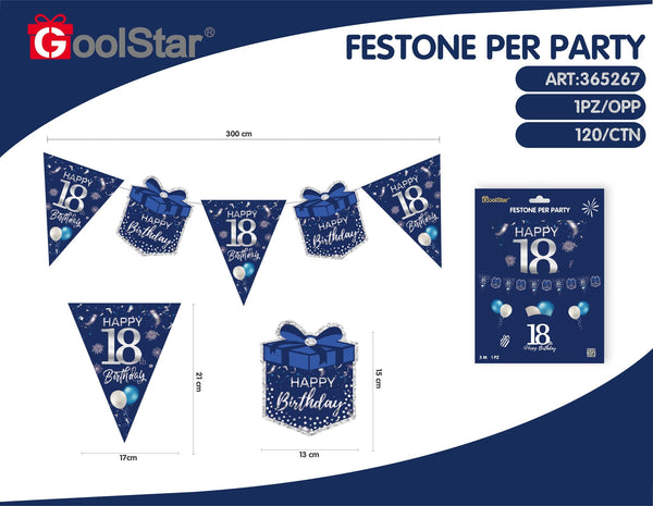 Festone con bandierine triangolari per party, 18 anni