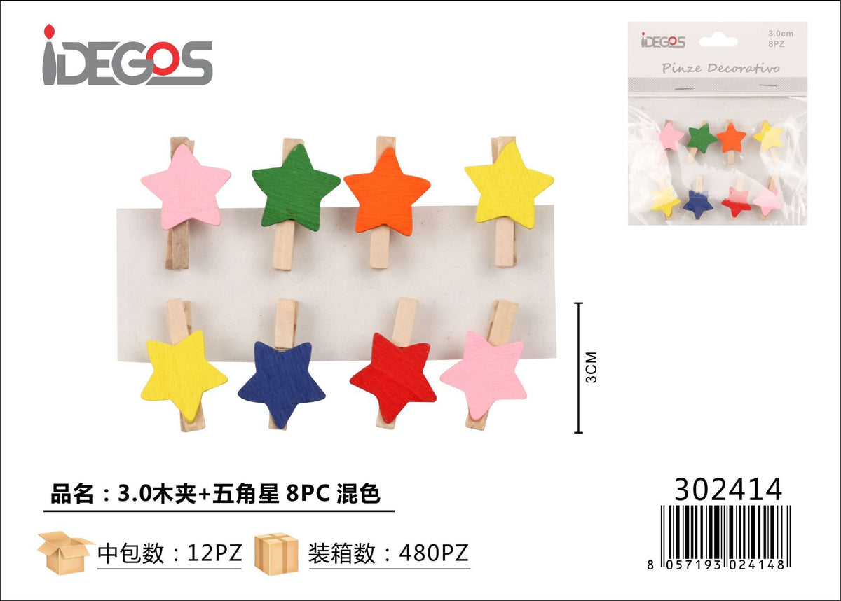 Mollette decorative con stelle colorate, 3 cm, 8 pezzi