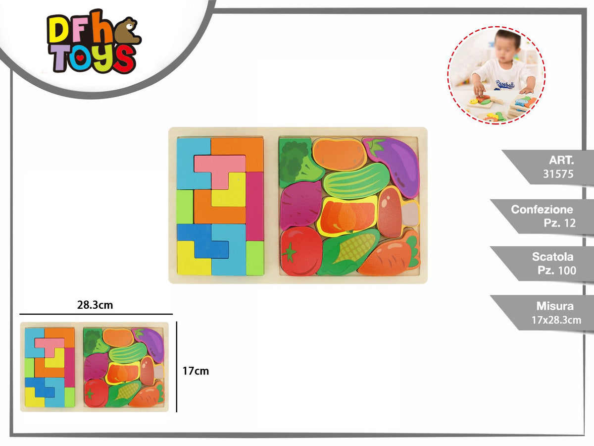 Puzzle in legno 2 in 1 verdure e forme geometriche