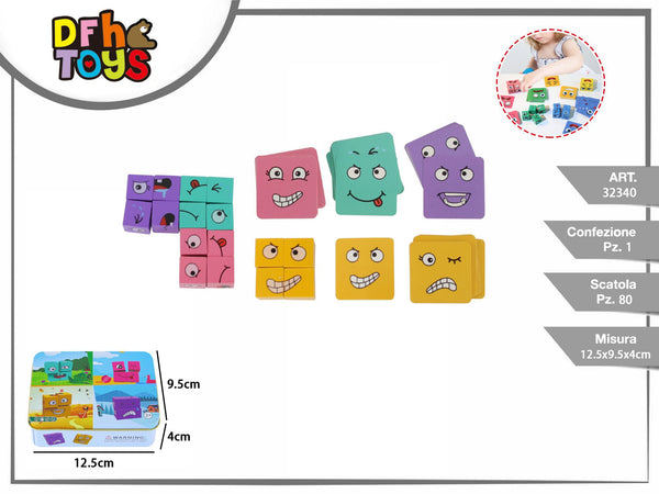 Gioco di cubi con facce e carte in scatola metallica