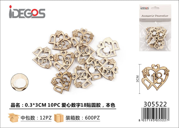 Set di 10 cuori numerici adesivi in legno, 3 cm