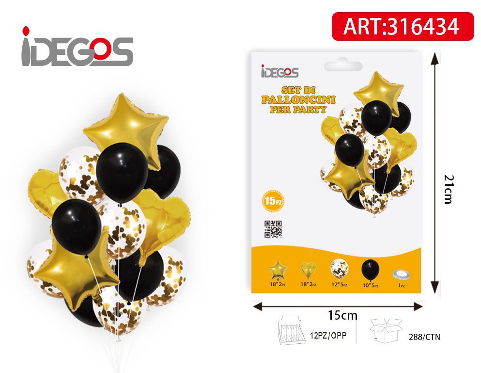 Bouquet di palloncini neri e oro con stella e cuore