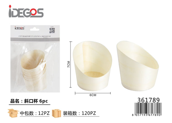 Bicchieri monouso in legno con bordo obliquo, 6 pezzi