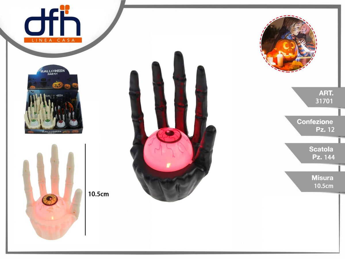 Mano scheletrica con occhio luminoso 10,5 cm