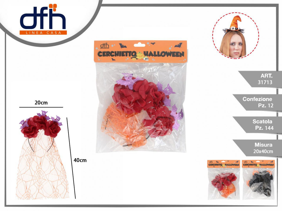 Cerchietto Halloween con rose pipistrelli e velo