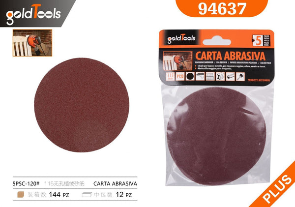 Carta abrasiva senza fori, grana 120, formato 115, 5 pezzi