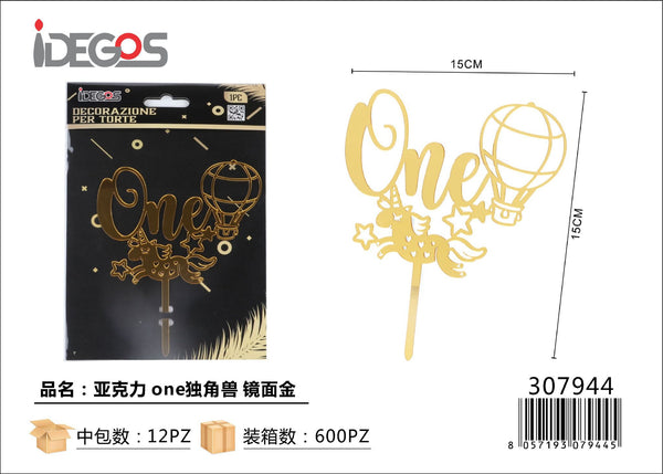 Decorazione One con unicorno in acrilico oro a specchio