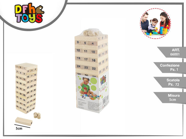 Torre in legno con blocchi numerati e dadi