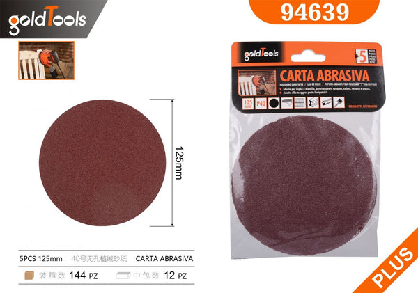 Carta abrasiva senza fori, grana 40, formato 125, 5 pezzi