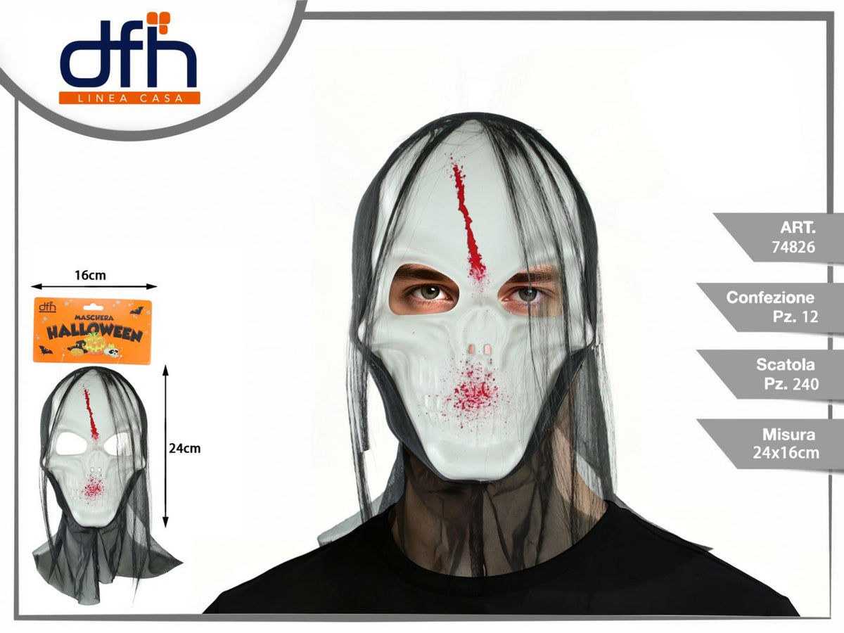 Maschera Halloween bianca con capelli neri