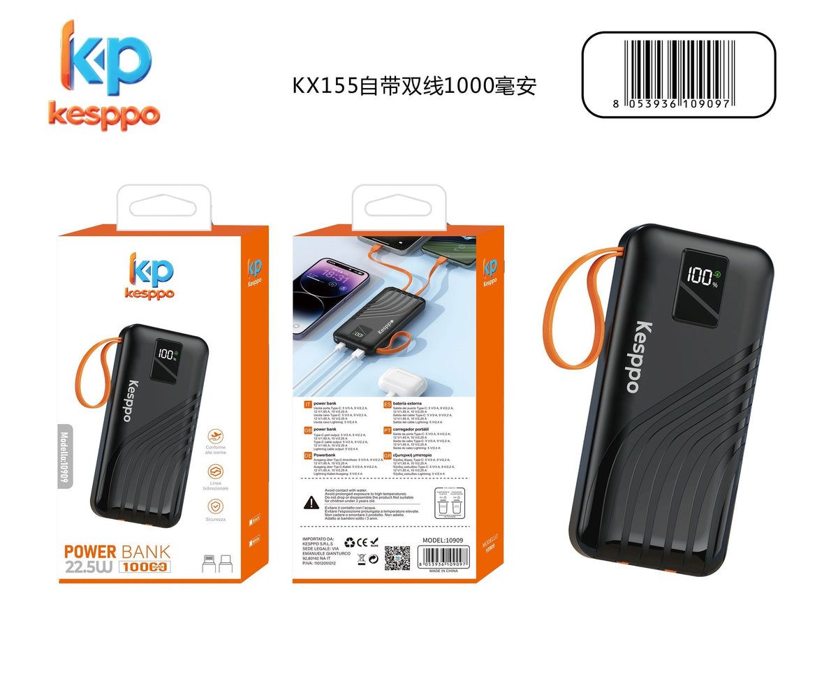 Power bank KX155 10000 mAh con cavi integrati