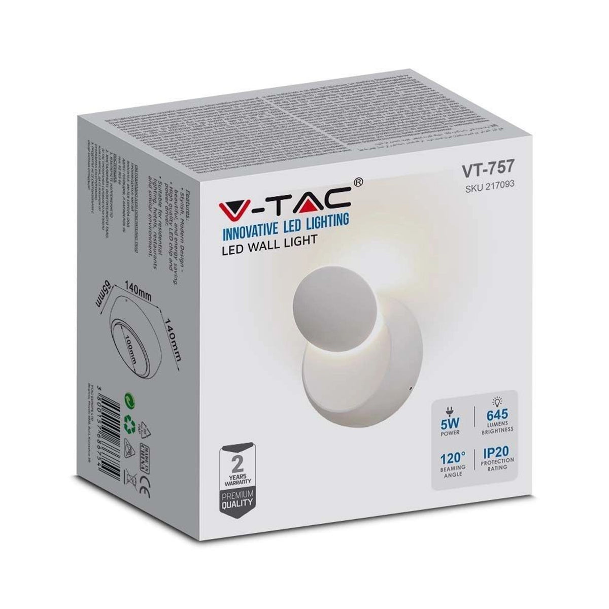 Applique LED V-TAC rotonda 5 W 4000 K bianca