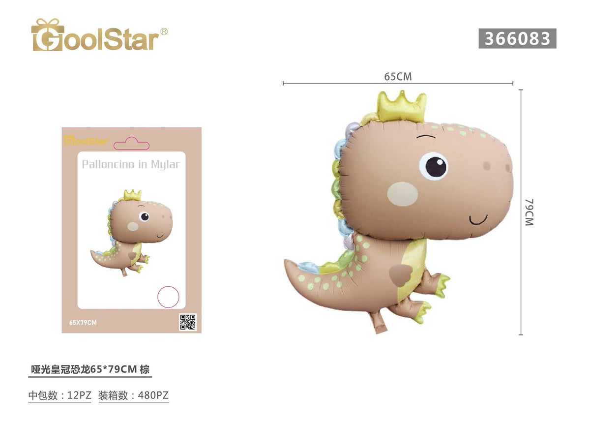 Palloncino foil Dinosauro con corona marrone opaco, 65 x 79 cm