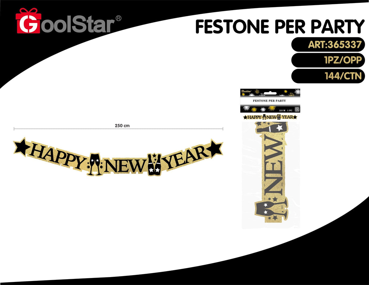 Festone Happy New Year con stelle e calici, 2,5 m