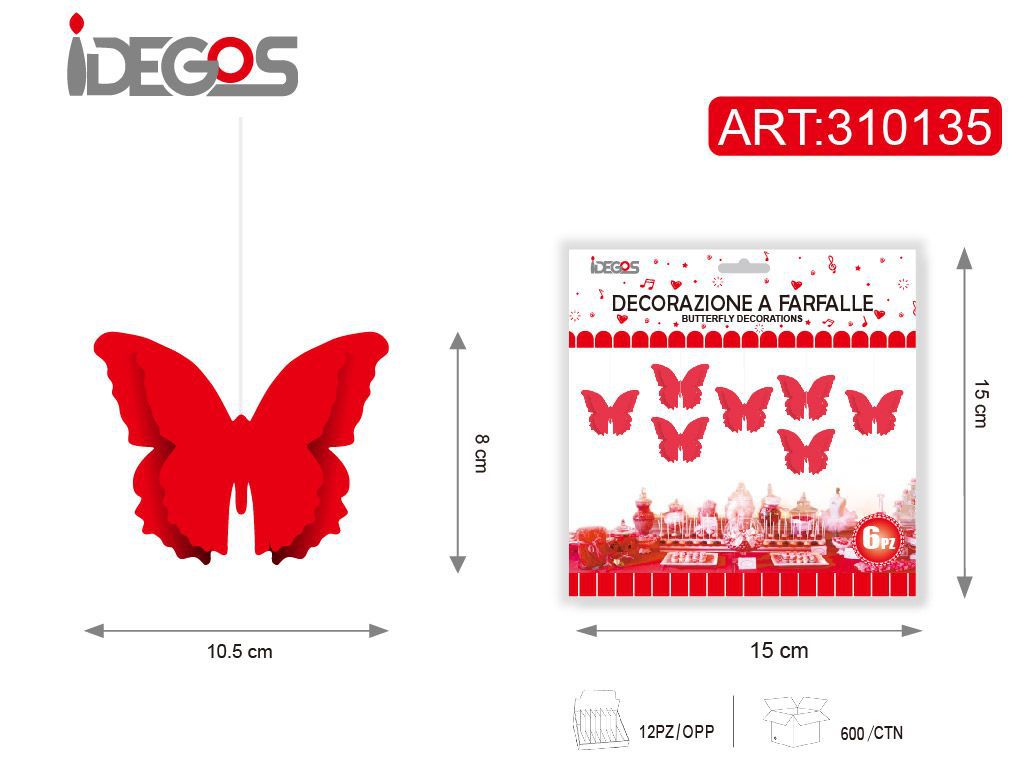 Farfalle decorative rosso tinta unita, 6 pezzi