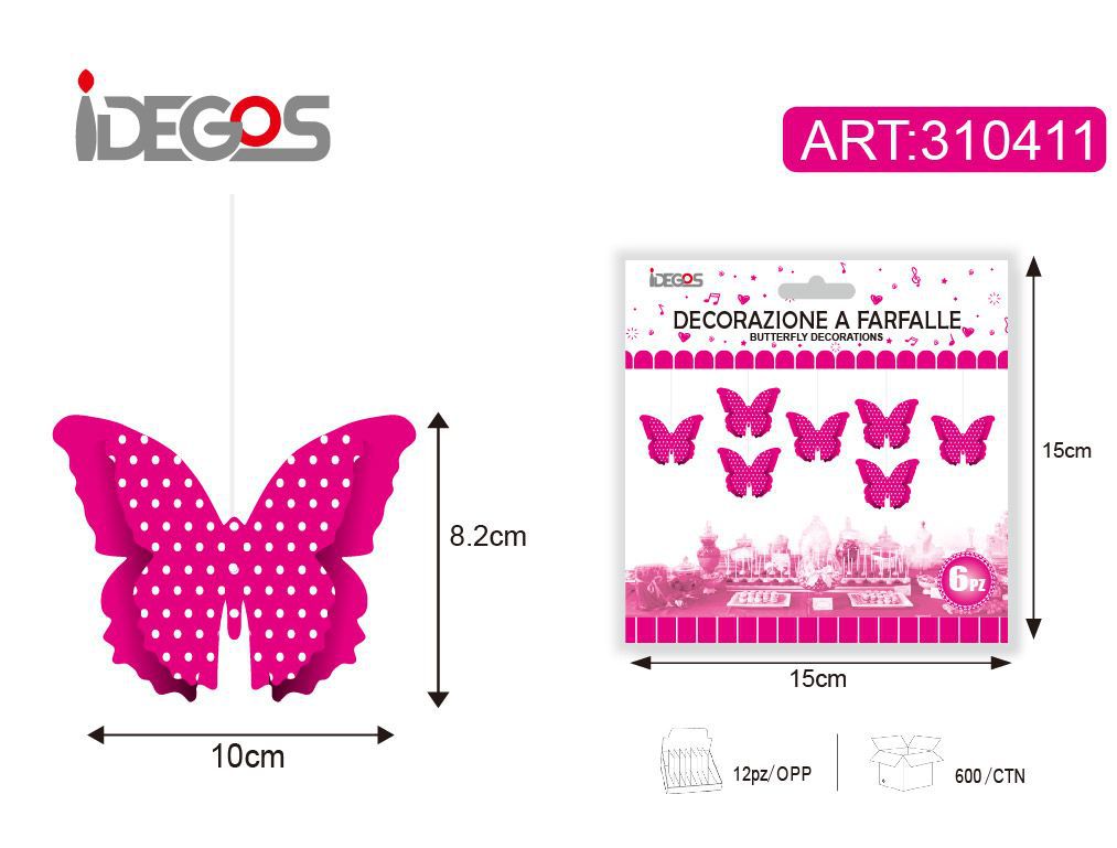 Farfalle decorative magenta a pois, 6 pezzi