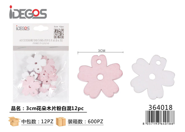 Set di 12 fiori decorativi in legno, 3 cm