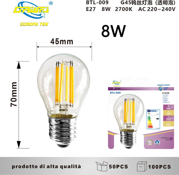Lampadina decorativa a filamento — BTL-009, 8 W, 2700 K, E27