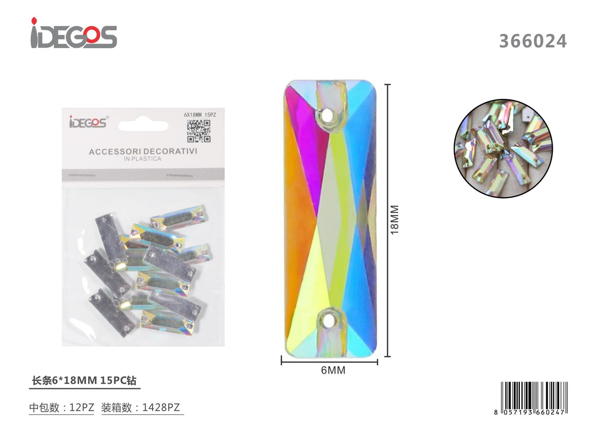 Set di 15 strass rettangolari, 6 x 18 mm