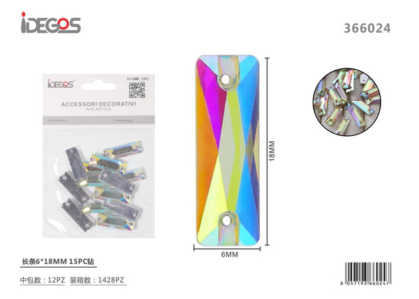 Set di 15 strass rettangolari, 6 x 18 mm