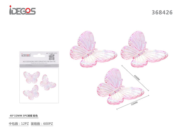 Set di 3 decorazioni a farfalla rosa, 40 x 32 mm