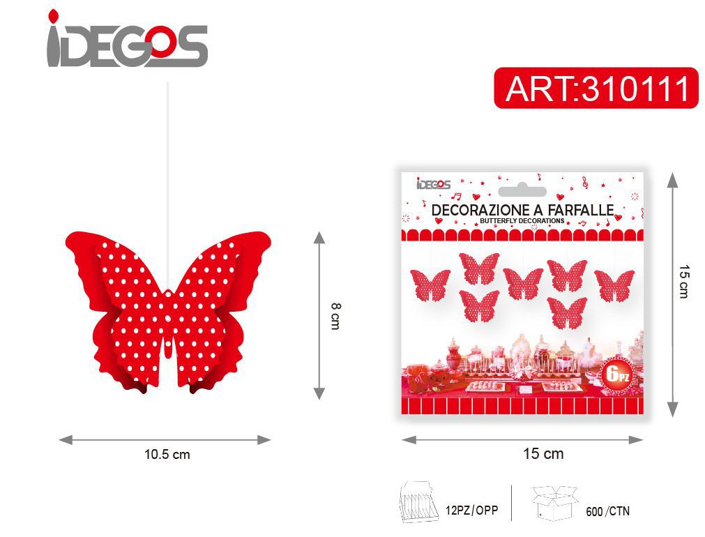 Farfalle decorative rosso a pois, 6 pezzi