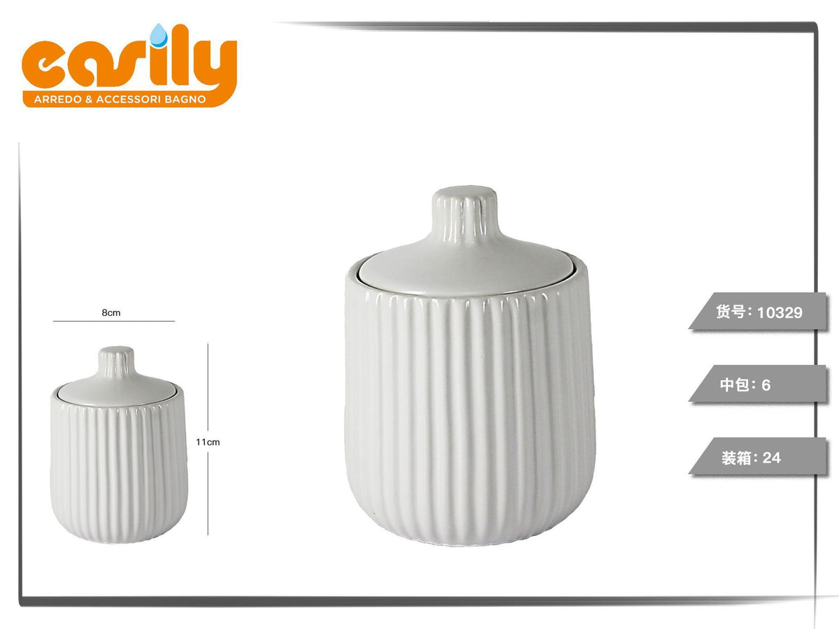 Porta cotton fioc bianco rigato con coperchio, 8 × 11 cm