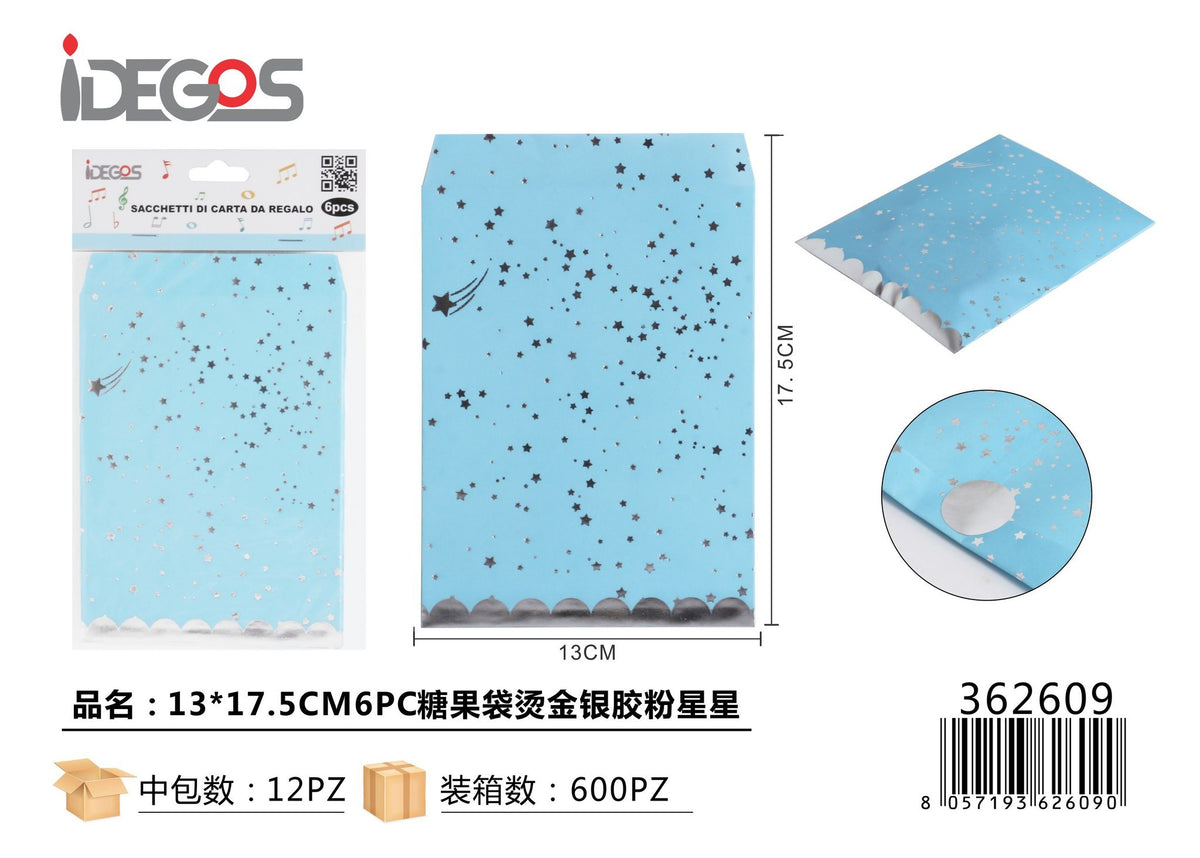 Sacchetti regalo adesivi decorati, 13 x 17,5 cm, 6 pezzi