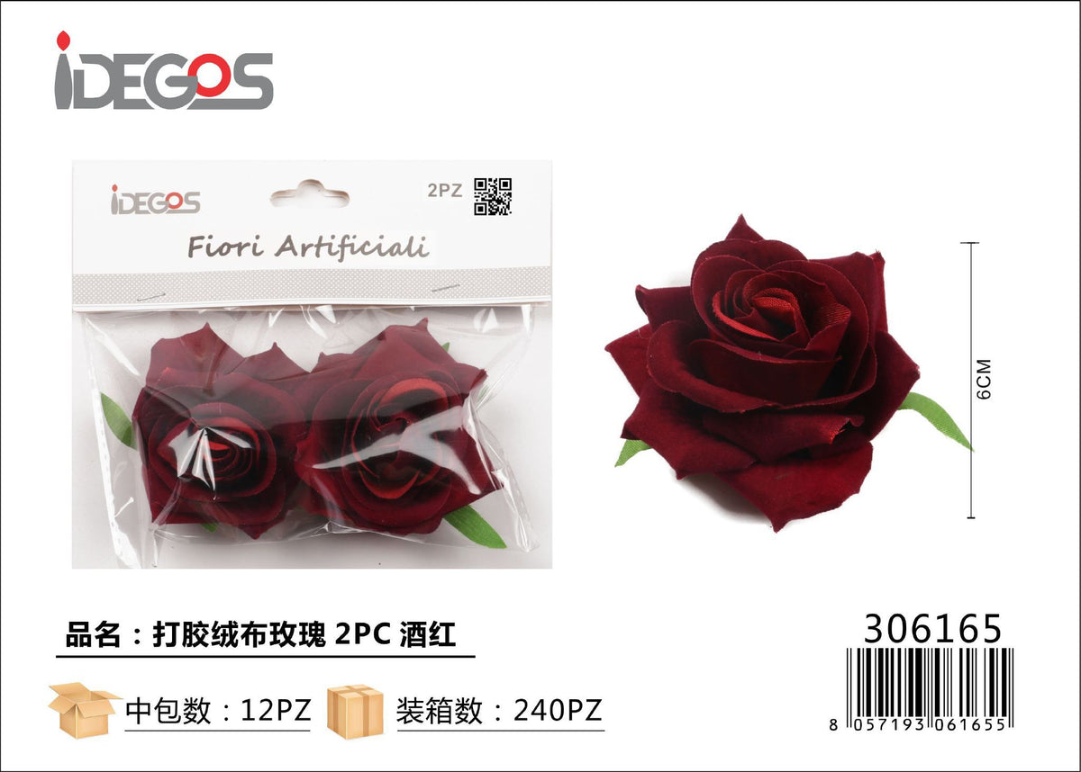 Rose decorative in velluto, bordeaux, 2 pezzi