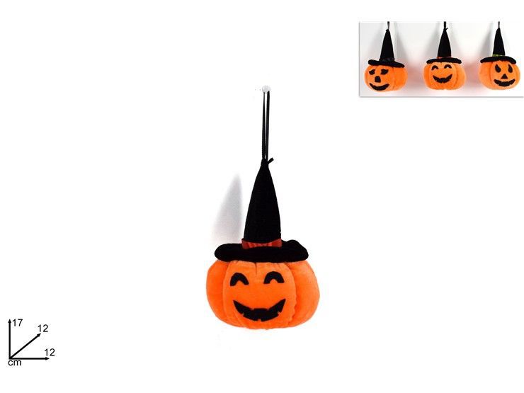 Zucca Halloween in peluche da appendere con cappello, 17 cm