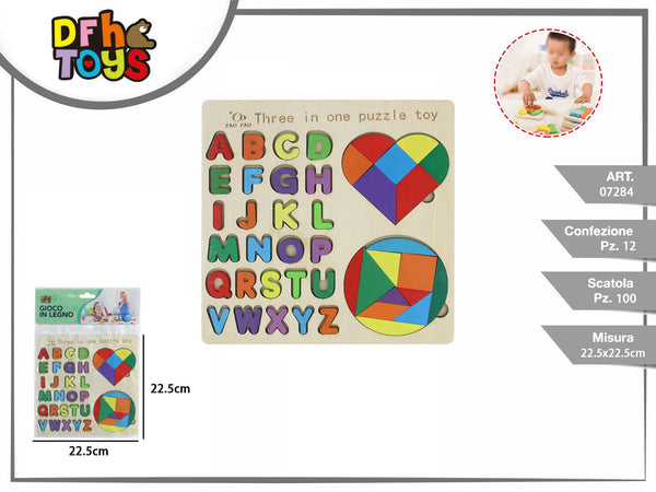 Puzzle in legno 3 in 1 con alfabeto e forme, 22,5 cm