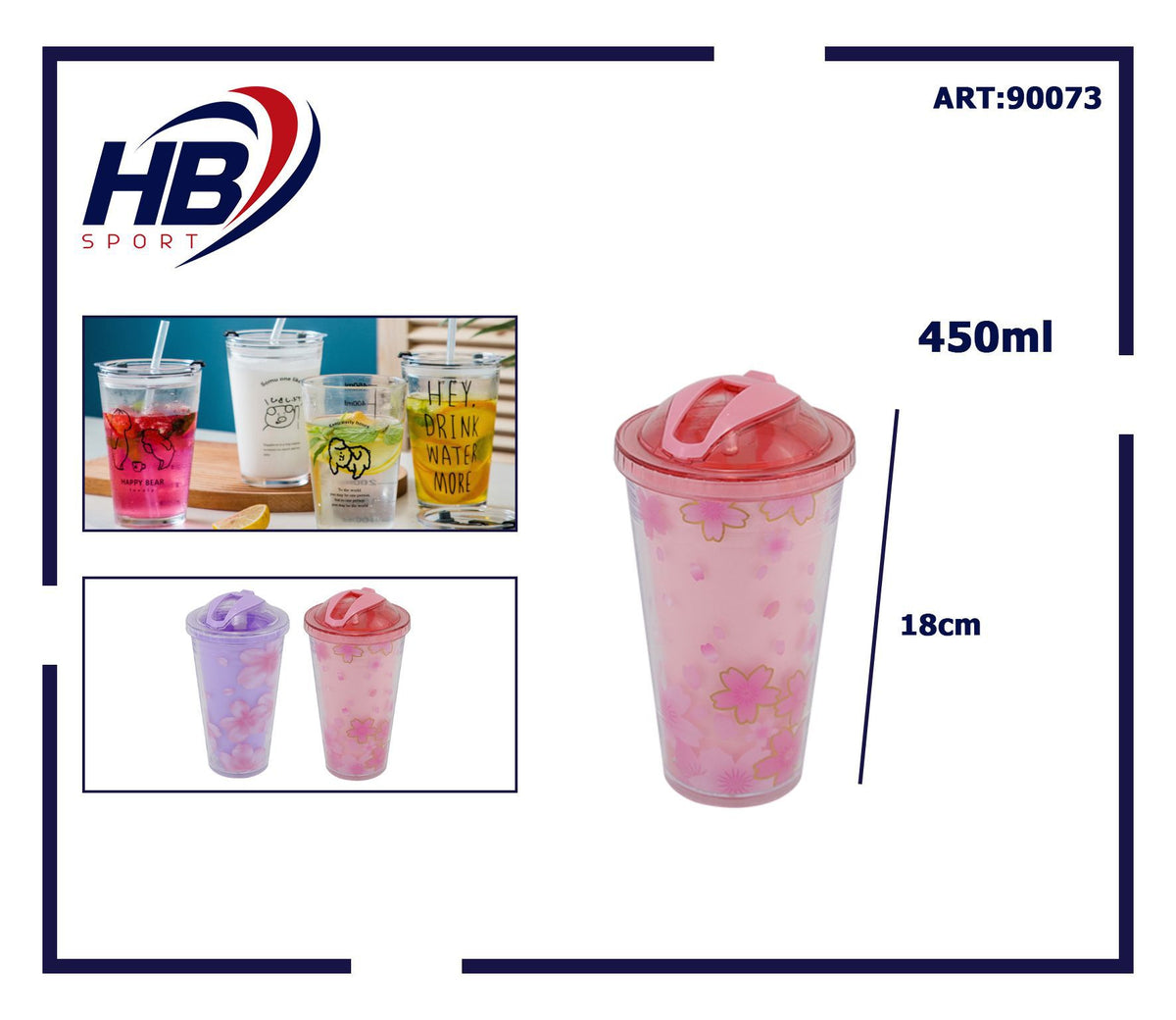 Bicchiere con coperchio scorrevole e fiori di ciliegio, 450 ml