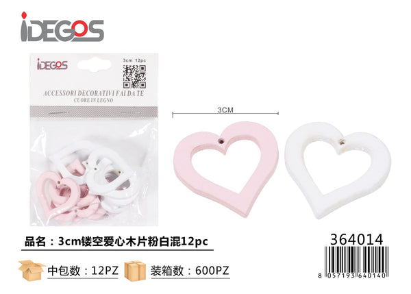 Set di 12 cuori traforati decorativi in legno, 3 cm