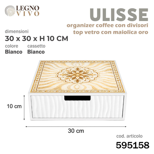 Organizer caffè Ulisse bianco con piano decorato oro, 30 cm