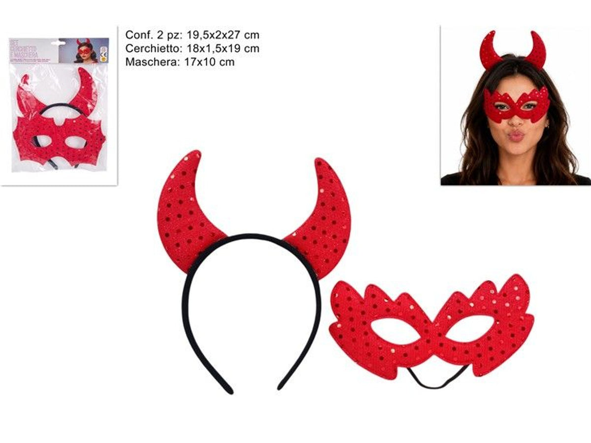 Set diavolo rosso con cerchietto e maschera, 2 pezzi