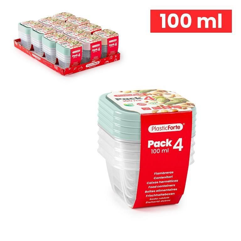SET 4 CONTENITORE QUADRATI 100ML PLASTICA 7.5X7.5X8.5CM