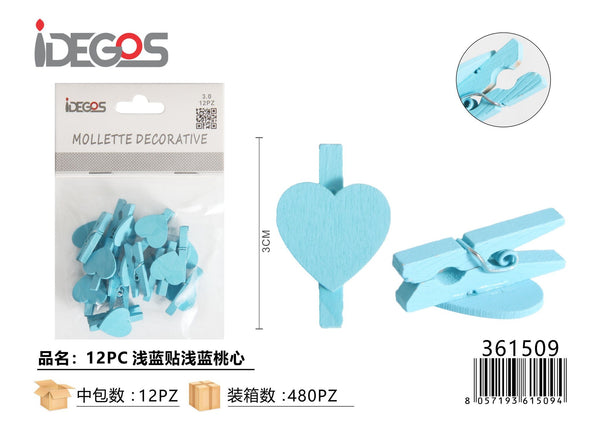 Mollette decorative con cuori celesti, 3 cm, 12 pezzi