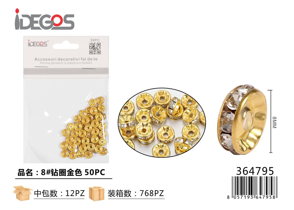 Set di 50 anellini decorativi con strass, oro, modello 8