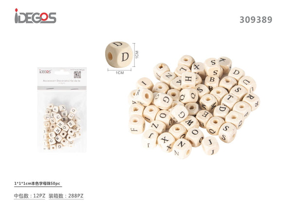 Set di 50 perline cubiche con lettere, color naturale, 1 cm